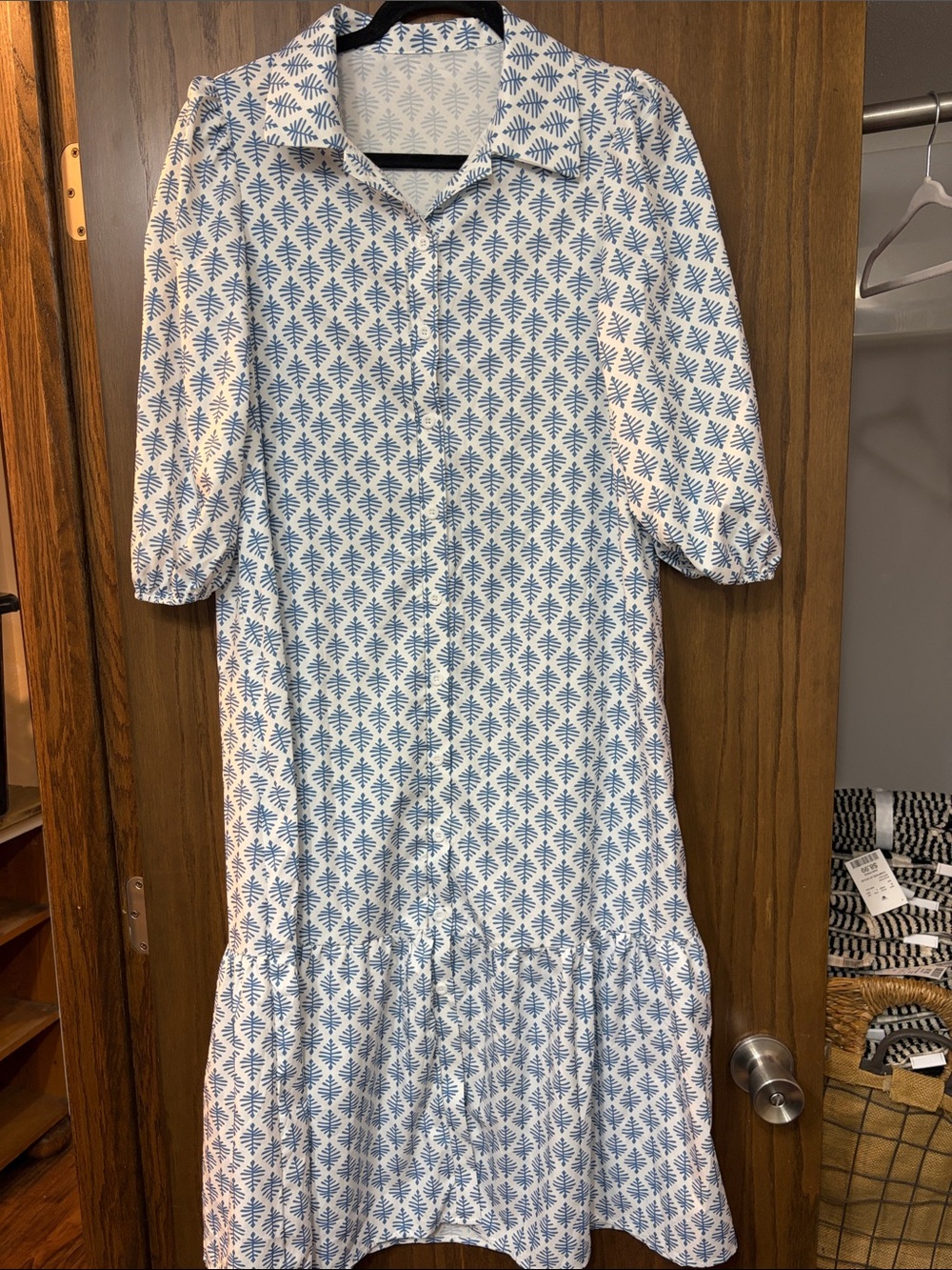 SHEIN White Midi Dress with Blue Geometric Print